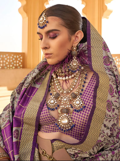 Magnetic Grey & Purple Floral Printed Silk Wedding Wear Saree